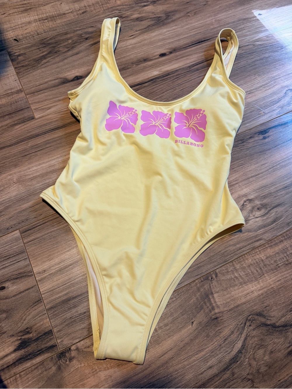 NWT Billabong Yellow womans One-Piece Swimsuit with Pink Floral Motif
